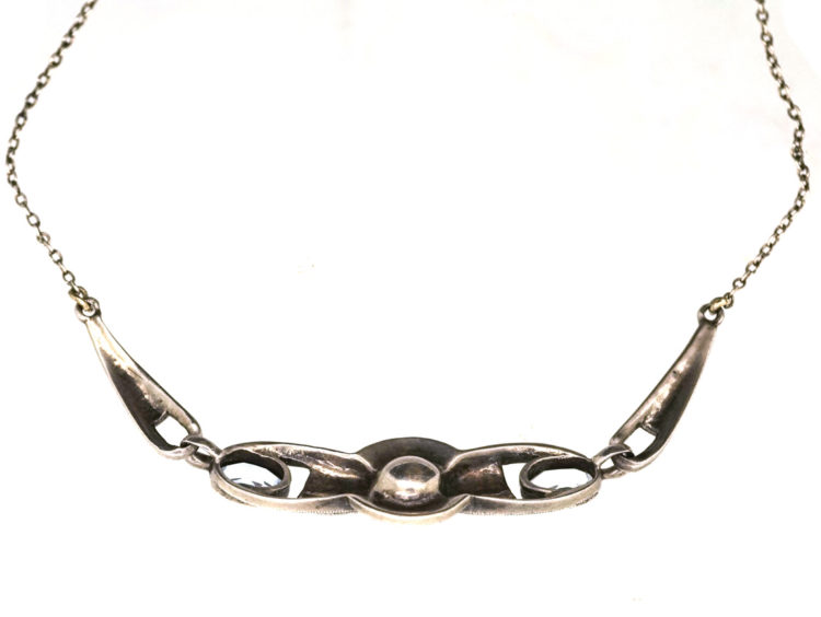 Art Deco Silver Necklace set with Marcasite, Synthetic Blue Spinel & a Pearl