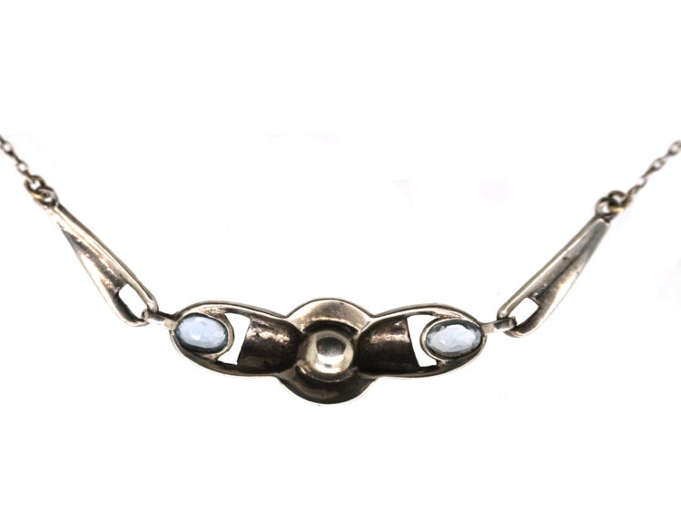 Art Deco Silver Necklace set with Marcasite, Synthetic Blue Spinel & a Pearl