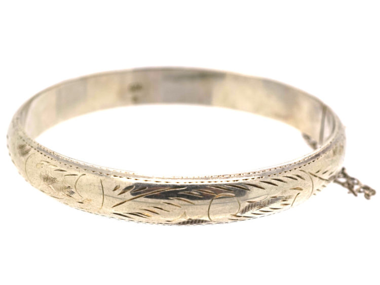 Narrow Silver Bangle with Engraved Design
