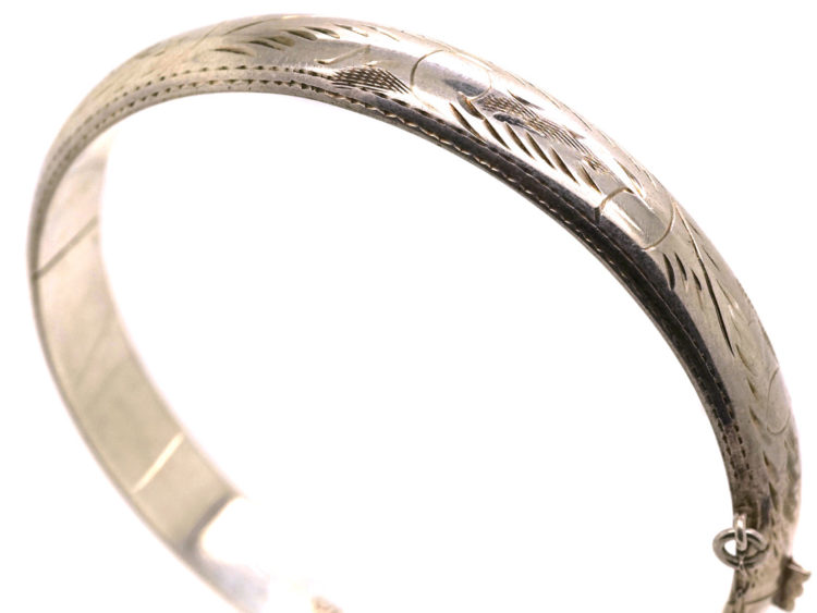 Narrow Silver Bangle with Engraved Design