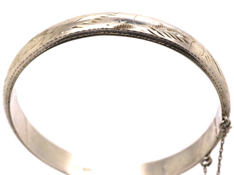 Narrow Silver Bangle with Engraved Design