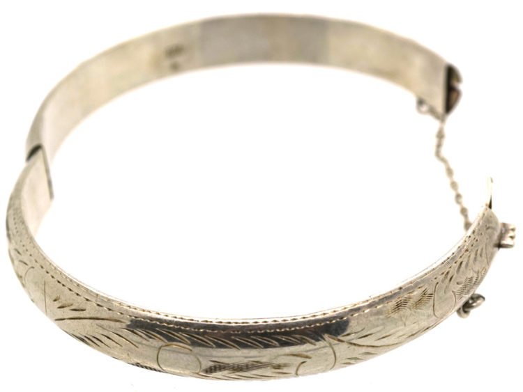 Narrow Silver Bangle with Engraved Design