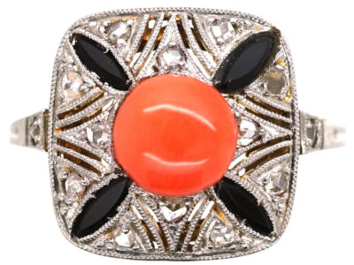Art Deco 18ct Gold, Platinum, Coral, Onyx & Rose Diamond Ring