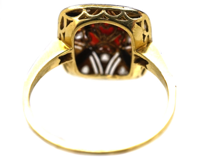 Art Deco 18ct Gold, Platinum, Coral, Onyx & Rose Diamond Ring