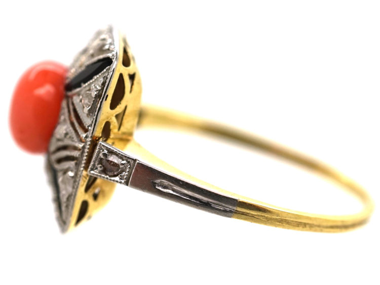 Art Deco 18ct Gold, Platinum, Coral, Onyx & Rose Diamond Ring