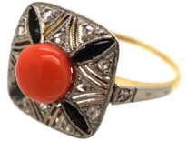 Art Deco 18ct Gold, Platinum, Coral, Onyx & Rose Diamond Ring