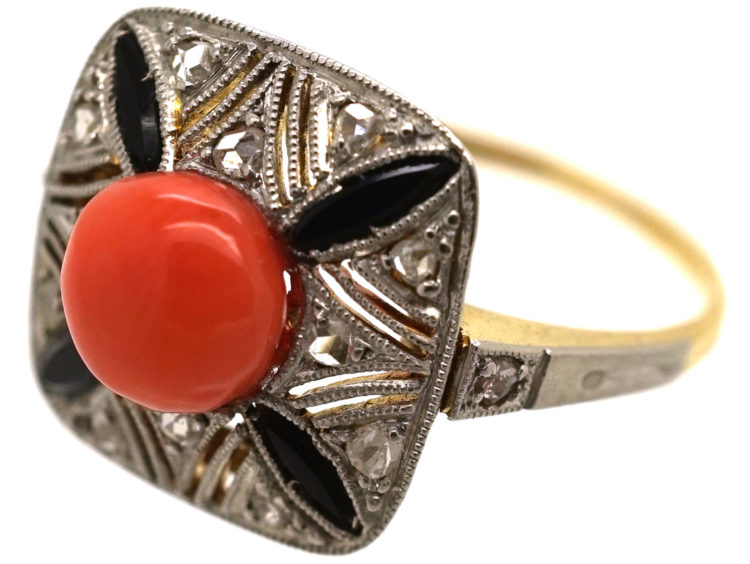 Art Deco 18ct Gold, Platinum, Coral, Onyx & Rose Diamond Ring