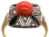 Art Deco 18ct Gold, Platinum, Coral, Onyx & Rose Diamond Ring