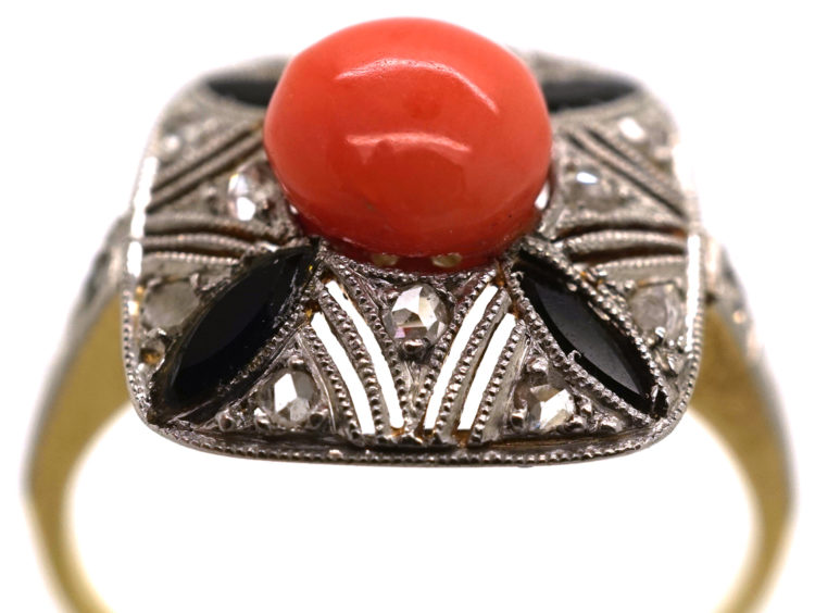 Art Deco 18ct Gold, Platinum, Coral, Onyx & Rose Diamond Ring