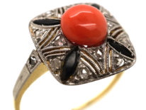 Art Deco 18ct Gold, Platinum, Coral, Onyx & Rose Diamond Ring