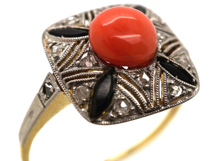 Art Deco 18ct Gold, Platinum, Coral, Onyx & Rose Diamond Ring