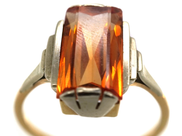 Art Deco 9ct White & Yellow Gold Ring set with a Rectangular Citrine