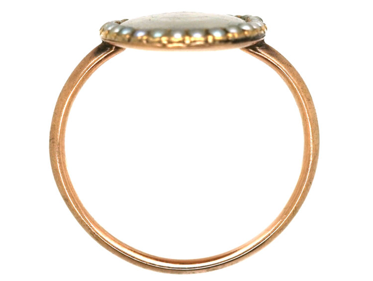 Georgian 9ct Gold & Natural Split Pearl Hair Miniature Mourning Ring with a Monument & Willow Tree