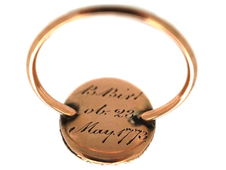 Georgian 9ct Gold & Natural Split Pearl Hair Miniature Mourning Ring with a Monument & Willow Tree