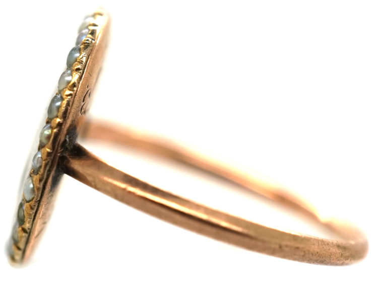 Georgian 9ct Gold & Natural Split Pearl Hair Miniature Mourning Ring with a Monument & Willow Tree