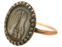 Georgian 9ct Gold & Natural Split Pearl Hair Miniature Mourning Ring with a Monument & Willow Tree