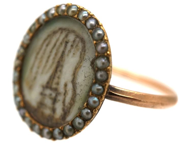 Georgian 9ct Gold & Natural Split Pearl Hair Miniature Mourning Ring with a Monument & Willow Tree