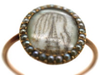 Georgian 9ct Gold & Natural Split Pearl Hair Miniature Mourning Ring with a Monument & Willow Tree