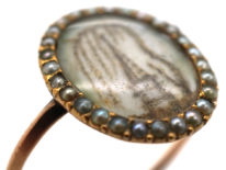 Georgian 9ct Gold & Natural Split Pearl Hair Miniature Mourning Ring with a Monument & Willow Tree