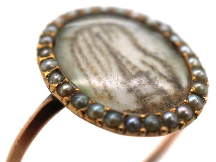 Georgian 9ct Gold & Natural Split Pearl Hair Miniature Mourning Ring with a Monument & Willow Tree