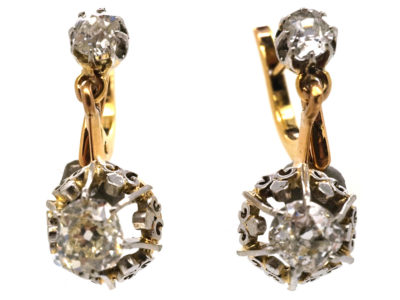 French 18ct Gold Two Stone Diamond Drop Earrings