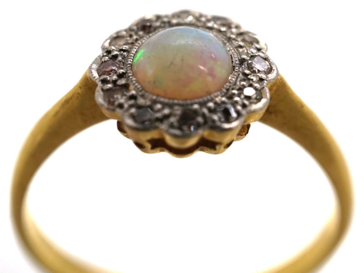 Edwardian 18ct Gold & Platinum, Opal & Diamond Cluster Ring
