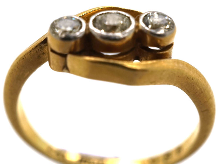 Edwardian 18ct Gold, Platinum, Three Stone Diamond Crossover Ring