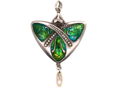 Art Nouveau Silver & Enamel Pendant with Pearl Drop