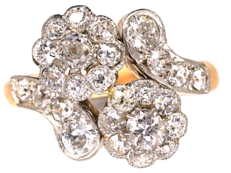 Edwardian 18ct Gold & Platinum, Diamond Double Cluster Ring
