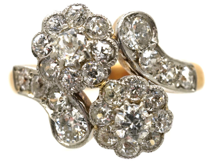 Edwardian 18ct Gold & Platinum, Diamond Double Cluster Ring