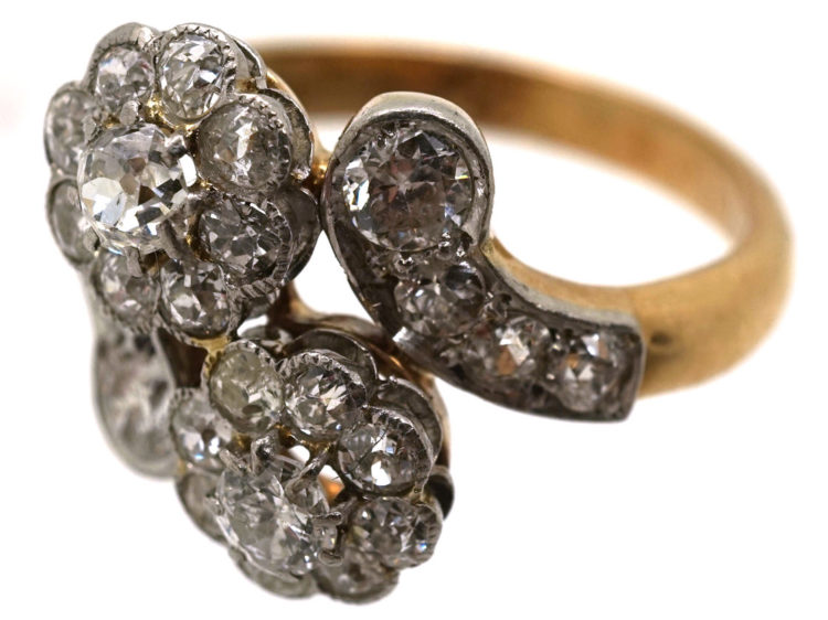 Edwardian 18ct Gold & Platinum, Diamond Double Cluster Ring