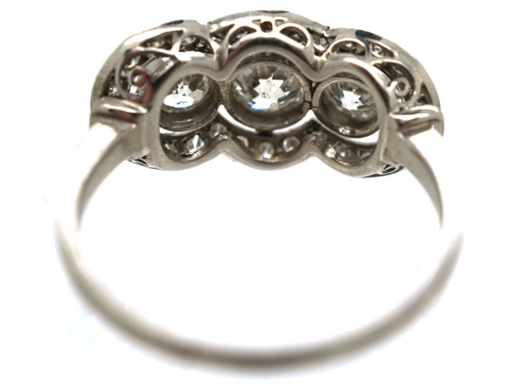 Art Deco 18ct Gold & Platinum Three Stone Diamond Ring with Diamond Border