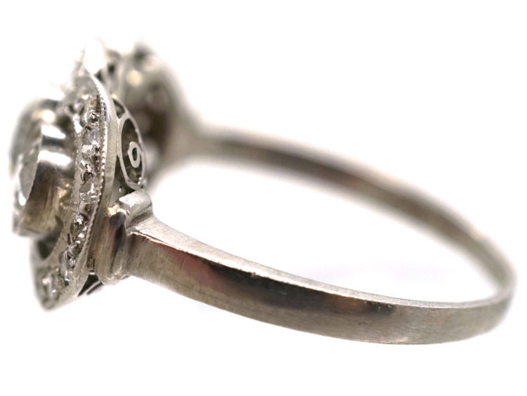 Art Deco 18ct Gold & Platinum Three Stone Diamond Ring with Diamond Border