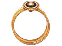 Georgian 18ct Gold, Triple Band, White & Royal Blue Enamel Ring with a Central Natural Split Pearl