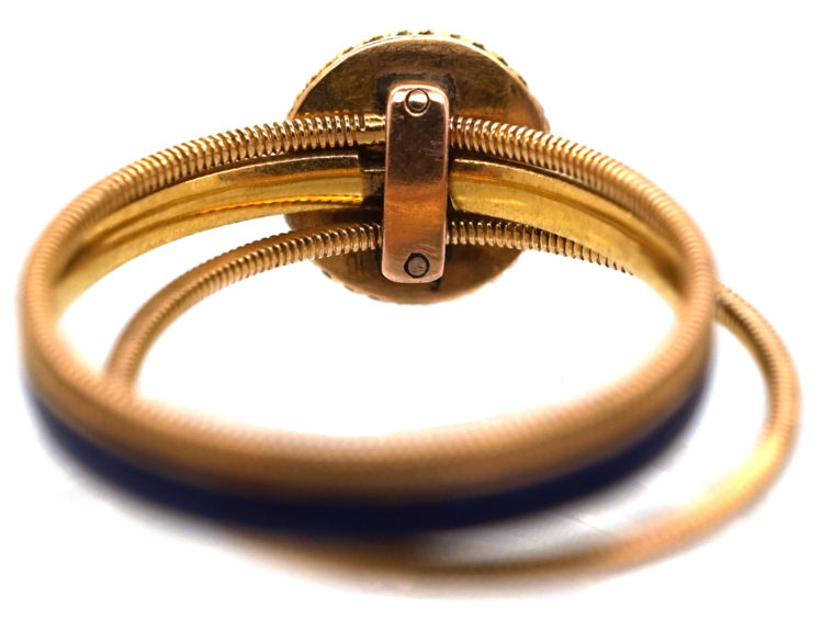 Georgian 18ct Gold, Triple Band, White & Royal Blue Enamel Ring with a Central Natural Split Pearl