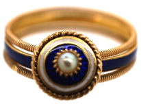 Georgian 18ct Gold, Triple Band, White & Royal Blue Enamel Ring with a Central Natural Split Pearl