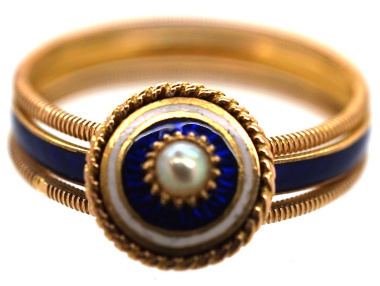 Georgian 18ct Gold, Triple Band, White & Royal Blue Enamel Ring with a Central Natural Split Pearl