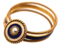 Georgian 18ct Gold, Triple Band, White & Royal Blue Enamel Ring with a Central Natural Split Pearl