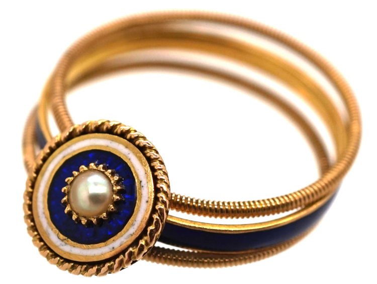 Georgian 18ct Gold, Triple Band, White & Royal Blue Enamel Ring with a Central Natural Split Pearl