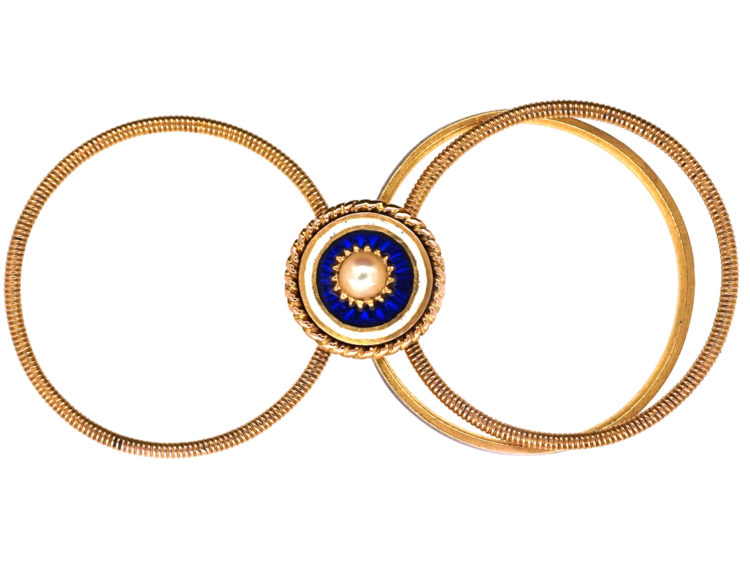 Georgian 18ct Gold, Triple Band, White & Royal Blue Enamel Ring with a Central Natural Split Pearl