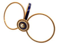 Georgian 18ct Gold, Triple Band, White & Royal Blue Enamel Ring with a Central Natural Split Pearl