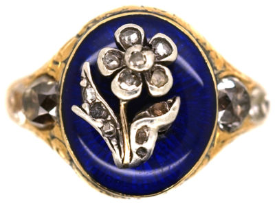 Georgian 18ct Gold, Royal Blue Enamel & Diamond Forget Me Not Ring Georgian 18ct Gold, Royal Blue Enamel & Diamond Forget Me Not Ring