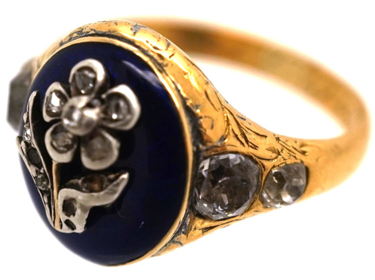 Georgian 18ct Gold, Royal Blue Enamel & Diamond Forget Me Not Ring