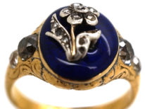 Georgian 18ct Gold, Royal Blue Enamel & Diamond Forget Me Not Ring