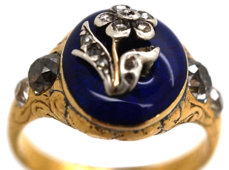 Georgian 18ct Gold, Royal Blue Enamel & Diamond Forget Me Not Ring