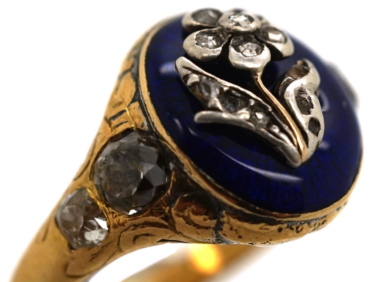 Georgian 18ct Gold, Royal Blue Enamel & Diamond Forget Me Not Ring