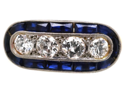 Art Deco 18ct Gold & Platinum, Sapphire & Diamond Boat Shaped Ring