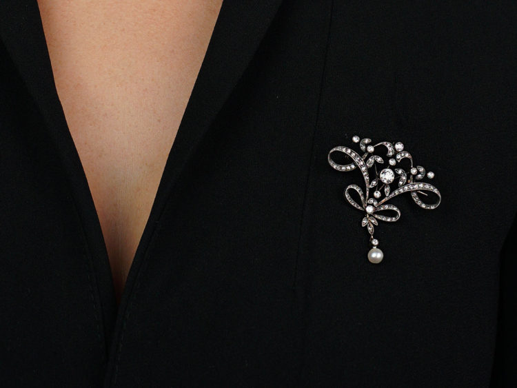Art Nouveau Silver & 15ct Gold, Diamond & Natural Pearl Brooch & Pendant