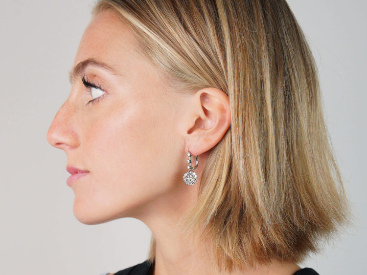Edwardian 18ct White Gold & Diamond Cluster Drop Earrings