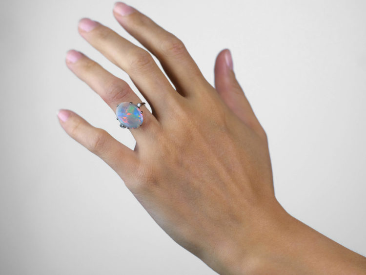 Art Deco 18ct White Gold Harlequin Opal & Diamond Ring